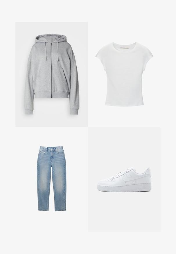 Grijze hoodie met rits, met een trekkoord kap, relaxte fit, zijzakken, ribgebreide boorden en onderrand, gemaakt van zachte, vochtafvoerende stof.; Witte katoenen T-shirt met korte, opgerolde mouwen, een ronde halslijn en een rechte zoom. Gladde textuur zonder zichtbare patronen of accenten.; Lichtblauwe denim jeans met rechte pijpen, voorzien van een knoopsluiting aan de voorkant, rits en vijf zakken, afgebeeld tegen een witte achtergrond.; Witte Nike Air Force 1 lage sneaker met vetersluiting, geperforeerde neus en het kenmerkende swoosh-logo aan de zijkant.