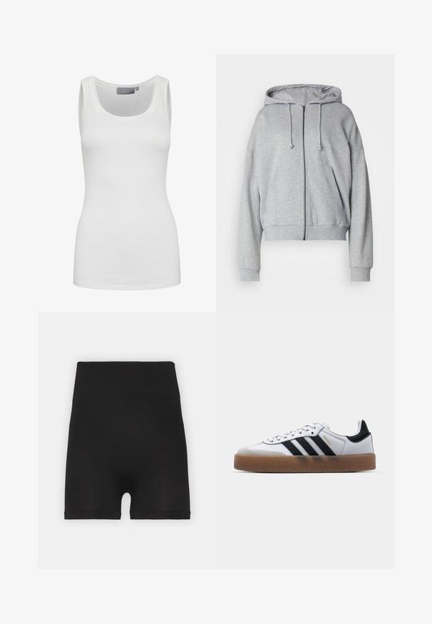 Grijze hoodie met rits, met een trekkoord kap, relaxte fit, zijzakken, ribgebreide boorden en onderrand, gemaakt van zachte, vochtafvoerende stof.; Witte tanktop van zacht, elastisch materiaal met een ronde halslijn en smalle schouderbanden. Kenmerken zijn een gladde textuur en een aansluitend ontwerp.; Zwarte geribde fietsbroek met een hoge tailleband en een zachte textuur, met een gladde afwerking en geen zichtbare naden.; Witte leren sneakers met zwarte strepen, gumrubberen buitenzool, ronde neus, vetersluiting en een zachte grijze suède neuskap.