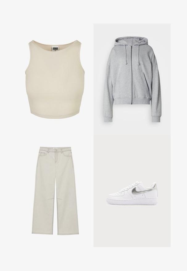 Sudadera gris con cremallera y capucha con cordón, corte holgado, bolsillos laterales, puños acanalados y dobladillo, fabricada con tejido suave que absorbe la humedad.; Top corto de canalé beige con escote redondo y diseño sin mangas. Presenta una textura lisa y una etiqueta de marca discreta en el interior del cuello.; Pantalones de pierna ancha gris claro con cinco bolsillos, cierre frontal de botón y costuras contrastantes a lo largo de las costuras. La tela parece suave y duradera.; Zapatilla blanca de corte bajo con el logo Nike en plata metálica y cordones blancos sobre un fondo gris claro liso.