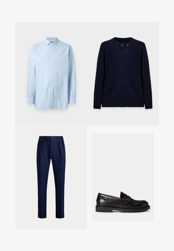 Tmavomodrý kardigán s vrkočovým vzorom, výstrih do V, zapínanie na gombíky, dve predné vrecká a malé červené vyšívané logo Polo Ralph Lauren na hrudi.; Svetlomodrá košeľa s dlhým rukávom a bielymi vertikálnymi pruhmi, s golierom na gombičky a gombíkmi pozdĺž prednej strany. Textúrovaná bavlnená tkanina.; Tmavomodré prispôsobené nohavice s prednými záhybmi a zapínacím bočným nastavovacím pásikom na páse.; Čierny kožený loafer s hrubou podrážkou, zaoblenou špičkou a zelenou štítkom s logom Polo na boku.