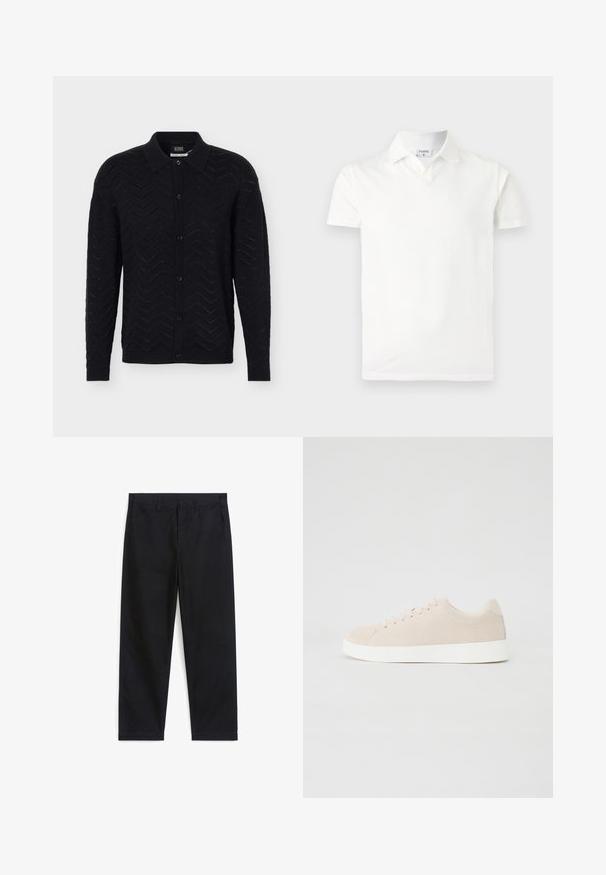 Cardigan negro de manga larga con botones, patrón de punto en chevron y cuello estilo camisa.; Polo blanco de manga corta con cuello y una pequeña etiqueta dentro del cuello que dice "FILIPPA K", mostrado sobre un fondo liso y claro.; Pantalones negros de pierna recta con presillas para cinturón, cierre de botón y cremallera en la parte delantera, y bolsillos frontales en ángulo sobre un fondo blanco.; Zapatillas de ante beige con suelas de goma blanca, puntera redondeada y seis ojales para los cordones. Textura suave con un diseño minimalista.