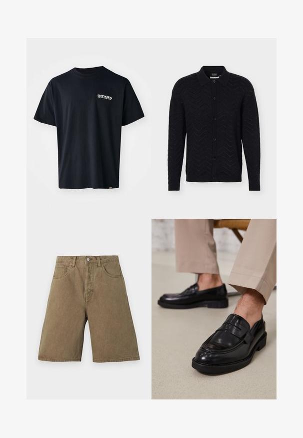 Sort langærmet cardigan med knapper, chevron-strikkemønster og krave i skjortestil.; Sort kortærmet t-shirt lavet af bomuld, med et hvidt grafisk tekstlogo på venstre bryst, lige snit og et mærke på siden.; Brune bomuldsdenimshorts med høj talje, frontknap, lynlåslukning, bælteløkker og to forlommer på en ensfarvet baggrund.; Sorte lædermokkasiner med en glat overflade, der har en dekorativ rem og kontraststing, parret med beige bukser.