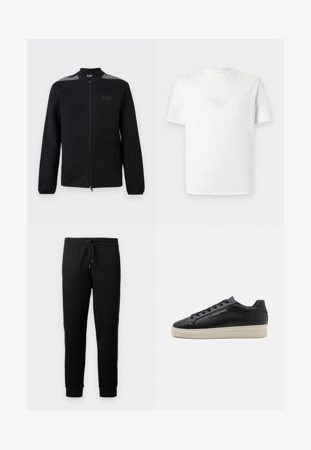 Veste noire zippée avec poignets élastiques, accents gris aux épaules et logo EA7 Emporio Armani sur le côté gauche de la poitrine, présentée sur un fond blanc.; T-shirt blanc à manches courtes avec col rond, logo aigle Giorgio Armani en relief centré sur la poitrine.; Pantalons de jogging noirs en tissu doux avec une taille élastique et un cordon de serrage. Présente des jambes fuselées avec des poignets côtelés.; Sneaker en cuir noir avec une finition lisse, semelle crème contrastante, bout arrondi, logo doré sur le côté et six œillets pour les lacets.