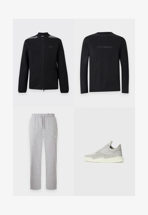 Sort jakke med lynlås, elastiske manchetter, grå skulderdetaljer og EA7 Emporio Armani-logo på venstre bryst, vist mod en hvid baggrund.; Sort langærmet T-shirt med rund hals og "EMPORIO ARMANI" logo broderet med sort tråd på brystet.; Lysegrå joggingbukser med elastisk talje og snøre, med lille hvidt logo på øverste del af låret, vist forfra.; Grå sneakers med mesh- og ruskindssektioner, gummisål og lyse farver. Har buet design og teksturerede paneler.