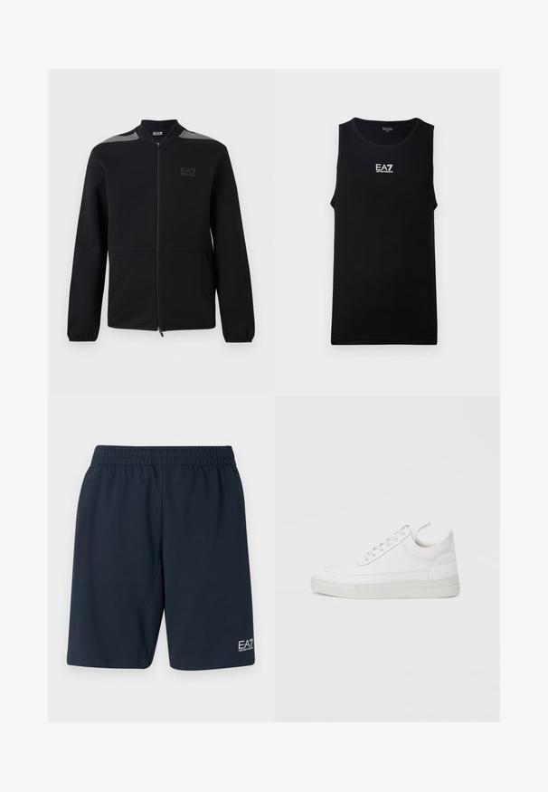 Veste noire zippée avec poignets élastiques, accents gris aux épaules et logo EA7 Emporio Armani sur le côté gauche de la poitrine, présentée sur un fond blanc.; Débardeur noir sans manches avec un col rond. Arbore un logo blanc EA7 Emporio Armani sur la poitrine. Fabriqué à partir d'un tissu lisse.; Shorts bleu marine à taille élastique fabriqués en tissu doux, dotés de poches latérales et d'un petit logo EA7 blanc en bas de la jambe gauche.; Baskets en cuir blanc avec un embout arrondi, une semelle plate et un laçage à l'avant. Présentent des détails de couture et un col rembourré pour plus de confort.