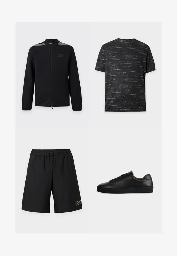 Veste noire zippée avec poignets élastiques, accents gris aux épaules et logo EA7 Emporio Armani sur le côté gauche de la poitrine, présentée sur un fond blanc.; T-shirt noir à manches courtes et col rond avec un motif répétitif et brillant du texte "Emporio Armani" sur toute la surface.; Shorts de sport noirs en tissu texturé, dotés d'une taille élastique avec un cordon de serrage et d'un petit logo doré sur le côté inférieur.; Basket basse en cuir noir avec lacets noirs, semelle en caoutchouc texturée et petit logo embossé sur le côté, présenté de profil sur fond gris.