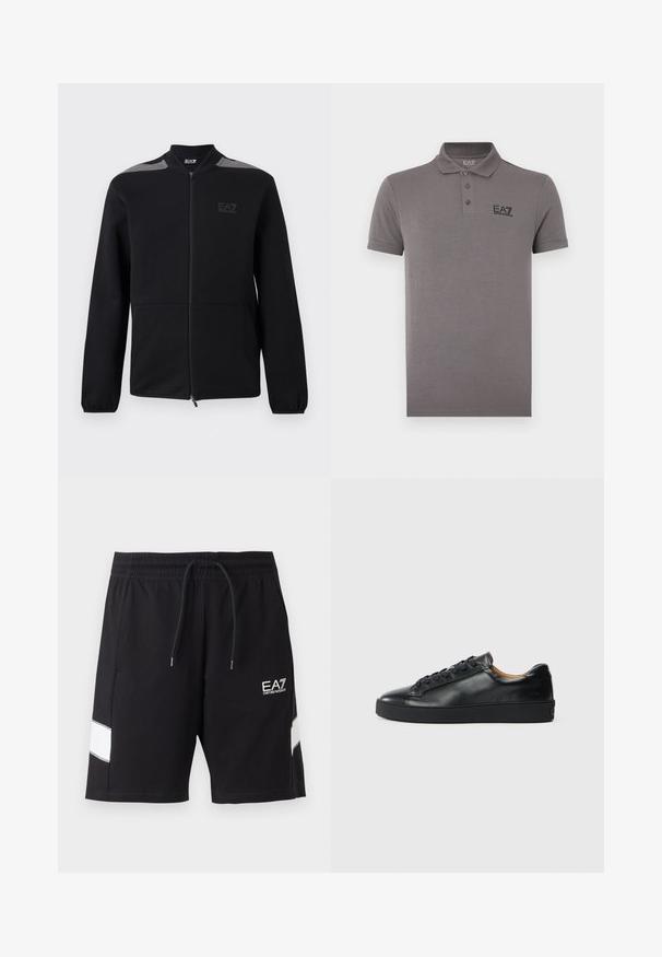 Veste noire zippée avec poignets élastiques, accents gris aux épaules et logo EA7 Emporio Armani sur le côté gauche de la poitrine, présentée sur un fond blanc.; Polo gris en tissu doux, avec un col classique, trois boutons et un logo noir sur le côté gauche de la poitrine. Manches courtes.; Short de sport noir avec taille élastique et cordon, bandes blanches inclinées sur les côtés et logo blanc EA7 Emporio Armani sur la jambe droite.; Baskets en cuir noir avec une texture lisse, bout rond et fermeture à lacets. Comprend une semelle en caoutchouc épaisse et un minimum de détails de marque.