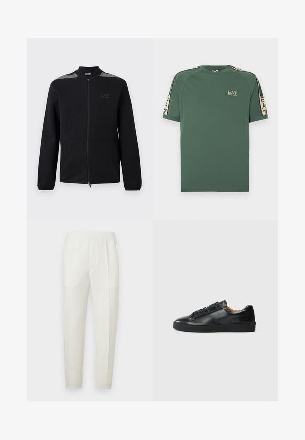 Veste noire zippée avec poignets élastiques, accents gris aux épaules et logo EA7 Emporio Armani sur le côté gauche de la poitrine, présentée sur un fond blanc.; T-shirt vert à manches courtes EA7 Emporio Armani avec bande beige à logo sur les épaules et les manches, logo sur la poitrine gauche.; Pantalon blanc coupe slim avec une taille élastique, doté de deux poches latérales et d'une texture lisse légèrement brillante.; Baskets en cuir noir avec une texture lisse, bout rond et fermeture à lacets. Comprend une semelle en caoutchouc épaisse et un minimum de détails de marque.