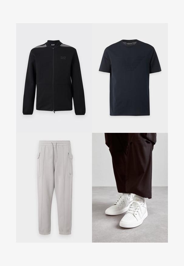 Chaqueta negra con cremallera, puños elásticos, detalles grises en los hombros y logo EA7 Emporio Armani en el pecho izquierdo, presentada sobre un fondo blanco.; Camiseta negra de manga corta con cuello redondo, con un sutil logo de águila en relieve en el pecho y una etiqueta de marca dentro del cuello.; Pantalones de chándal gris con cintura elástica, bolsillos laterales y detalles cosidos que corren verticalmente a lo largo de las piernas. Textura de mezcla de algodón.; Zapatillas altas blancas de cuero suave con detalle de puntera perforada, agujetas planas blancas y un sutil acento dorado en el talón.