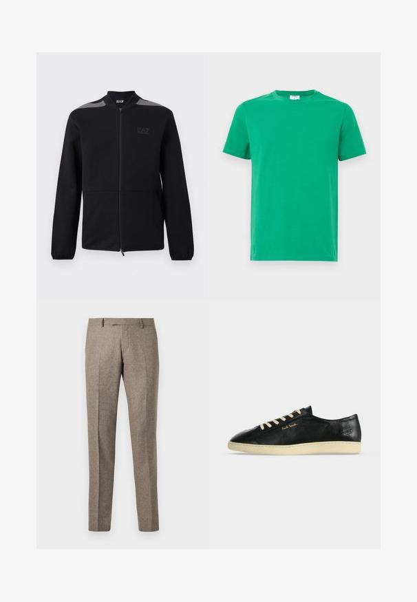 Must zip-up jope elastsete mansettidega, halli õlavarjundiga ja EA7 Emporio Armani logoga vasakul rinnal, valge tausta ees.; Roheline puuvillane T-särk lühikeste varrukatega, ümmarguse kaelusega ja sileda tekstuuriga. Lihtne disain ilma mustrite või kaunistusteta.; Pruun villasegu püksid sirge sääre disainiga, kerge tekstuuri ja voldi joontes, lõpetatud klassikalise vöökohtaga.; Mustad madala säärega nahast tossud kreemja tallaga ja paeltega, kuldne "Paul Smith" logo küljel ning reljeefne märk kanna lähedal.