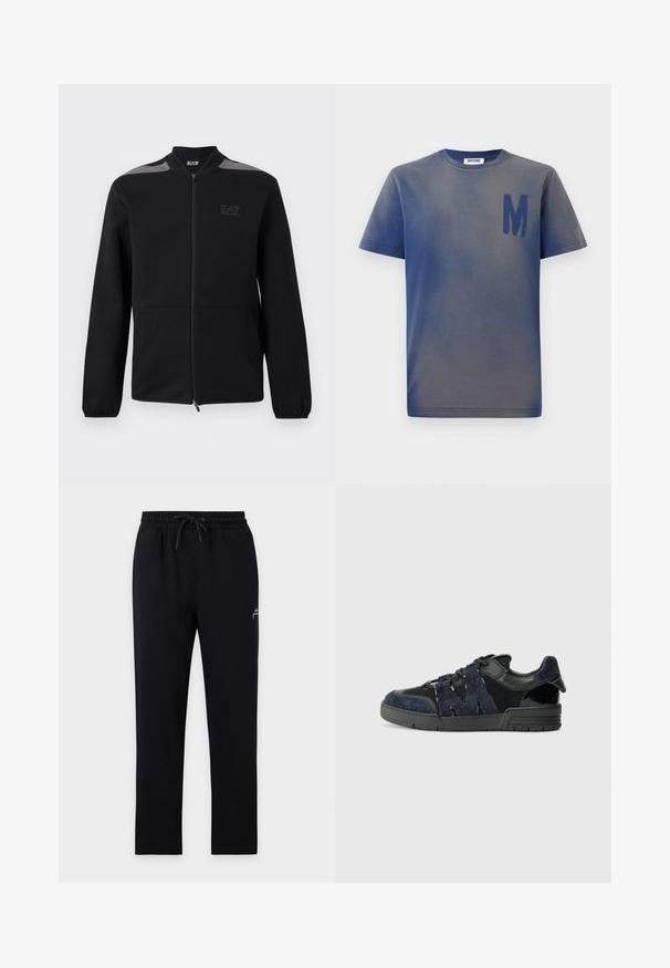 Zwarte jas met ritssluiting, elastische manchetten, grijze accenten op de schouders en het EA7 Emporio Armani-logo op de linkerborst, getoond tegen een witte achtergrond.; Kort mouw blauwgrijs T-shirt met een grote donkerblauwe "M" op de linkerborst en een Moschino-label aan de binnenkant van de kraag.; Zwarte joggerbroek met elastische taille en koord, rechte pijpen en een klein wit logo op de bovenste linker dij.; Zwarte en marineblauwe sneakers zijn gemaakt van suede en mesh materialen, met een dikke zool en een opvallend uitgesneden "M" detail aan de zijkant.