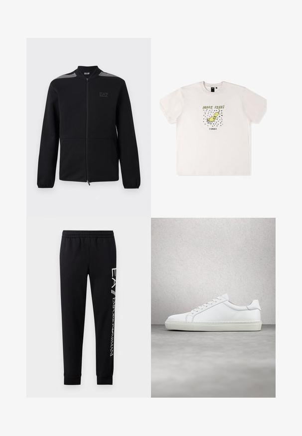 Musta vetoketjullinen takki, jossa on joustavat hihansuut, harmaat olkakoristeet ja EA7 Emporio Armani -logo vasemmassa rinnassa, esitetty valkoista taustaa vasten.; Valkoinen puuvillapaita, jossa on keltainen lintugrafiikka ja mustalla teksti "BREAK FREE!". Lyhyet hihat ja väljä istuvuus.; Mustat collegehousut, jotka on valmistettu puuvillasekoitteesta, elastisella vyötärönauhakkeella, kapenevilla lahkeilla, ribbien hihansuilla ja valkoisella logopainatuksella sivussa.; Valkoinen tennari, jossa on sileä nahkapäällinen ja matala profiili. Ominaisuuksiin kuuluu pyöreä kärki, kuusi rei'itystä ja teksturoitu kumipohja.