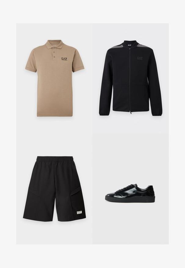 Veste noire zippée avec poignets élastiques, accents gris aux épaules et logo EA7 Emporio Armani sur le côté gauche de la poitrine, présentée sur un fond blanc.; Polo beige en coton, avec une patte de trois boutons et un petit logo EA7 noir sur le côté gauche de la poitrine. Manches courtes.; Shorts noirs longueur genou avec taille élastique, poches cargo latérales et un petit patch logo EA7 Emporio Armani sur la jambe gauche.; Baskets en cuir verni noir avec un bout arrondi, un laçage, une semelle en caoutchouc texturé et une finition lisse.