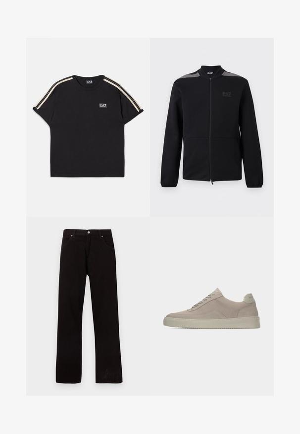 Schwarze Zip-up-Jacke mit elastischen Bündchen, grauen Schulterakzenten und EA7 Emporio Armani-Logo auf der linken Brust, vor weißem Hintergrund dargestellt.; Schwarzes Baumwoll-T-Shirt mit kurzen Ärmeln. Besitzt kontrastierende sandfarbene Streifen auf den Schultern und ein kleines Markenlogo auf der Brust.; Schwarze Jeans mit geradem Bein, fünf Taschen und silbernem Knopfverschluss, flach auf weißem Hintergrund liegend dargestellt.; Beige Wildledersneaker mit strukturierter Oberfläche, abgerundeter Zehenpartie und tonalen Schnürsenkeln. Verfügt über eine dicke Gummisohle und dezente Markenkennzeichnung an der Ferse.
