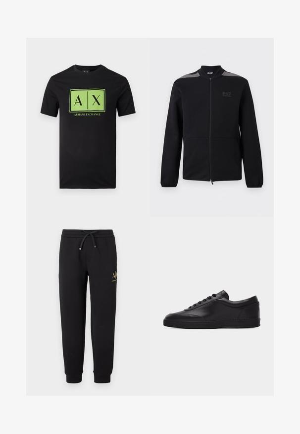 Veste noire zippée avec poignets élastiques, accents gris aux épaules et logo EA7 Emporio Armani sur le côté gauche de la poitrine, présentée sur un fond blanc.; T-shirt noir à manches courtes avec un logo rectangulaire vert comportant les textes "A|X" et "Armani Exchange" centrés sur le devant.; Pantalon de jogging noir avec taille élastique et cordon, chevilles retournées et petit logo doré "A|X Armani Exchange" sur la cuisse droite.; Baskets basses en cuir noir avec lacets sur le devant et semelle en caoutchouc plate, vues de côté sur un fond blanc uni.