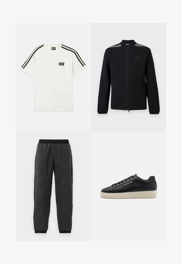 Sort jakke med lynlås, elastiske manchetter, grå skulderdetaljer og EA7 Emporio Armani-logo på venstre bryst, vist mod en hvid baggrund.; Hvid bomulds t-shirt med rund halsudskæring, korte ærmer, sorte accentstriber på skuldrene og et lille EA7-logo på brystet.; Grå joggerbukser med et tekstureret stof, der har et logo mønster over hele stoffet, elastisk talje og elastiske manchetter ved anklerne.; Sorte lædersneakers med en glat finish, kontrasterende cremefarvet sål, rund tå, guld logo på siden og seks huller til snørebånd.