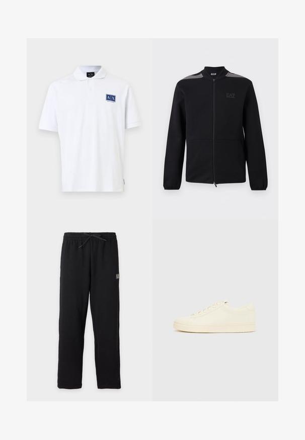 Veste noire zippée avec poignets élastiques, accents gris aux épaules et logo EA7 Emporio Armani sur le côté gauche de la poitrine, présentée sur un fond blanc.; Polo blanc à manches courtes avec col, patte à deux boutons, et écusson logo bleu Armani Exchange sur la poitrine gauche.; Pantalon de survêtement noir avec taille élastique et cordon, avec un petit patch logo EA7 rectangulaire sur la partie supérieure de la cuisse gauche.; Baskets couleur crème avec une tige en cuir lisse, bout arrondi, laçage à l'avant et semelle en caoutchouc texturée. Design minimaliste, sans logo.