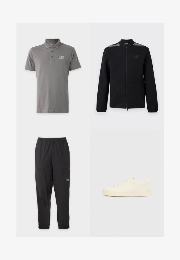 Veste noire zippée avec poignets élastiques, accents gris aux épaules et logo EA7 Emporio Armani sur le côté gauche de la poitrine, présentée sur un fond blanc.; Polo gris à manches courtes avec trois boutons et logo blanc "EA7 Emporio Armani" sur la poitrine gauche.; Pantalon noir décontracté avec taille et poignets élastiques, poches latérales à rabat et petit logo blanc EA7 Emporio Armani sur la cuisse droite.; Baskets couleur crème avec une tige en cuir lisse, bout arrondi, laçage à l'avant et semelle en caoutchouc texturée. Design minimaliste, sans logo.