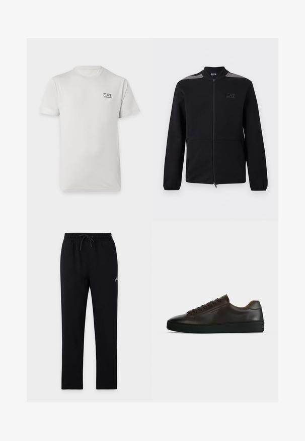 Veste noire zippée avec poignets élastiques, accents gris aux épaules et logo EA7 Emporio Armani sur le côté gauche de la poitrine, présentée sur un fond blanc.; T-shirt blanc manches courtes col rond avec petit logo noir EA7 Emporio Armani sur le côté gauche de la poitrine.; Pantalon de jogging noir avec taille élastique et cordon, jambes droites, avec un petit logo blanc sur la partie supérieure de la cuisse gauche.; Baskets basses en cuir marron foncé avec semelle en caoutchouc noire, lacets à l'avant et design minimaliste épuré sur fond clair.