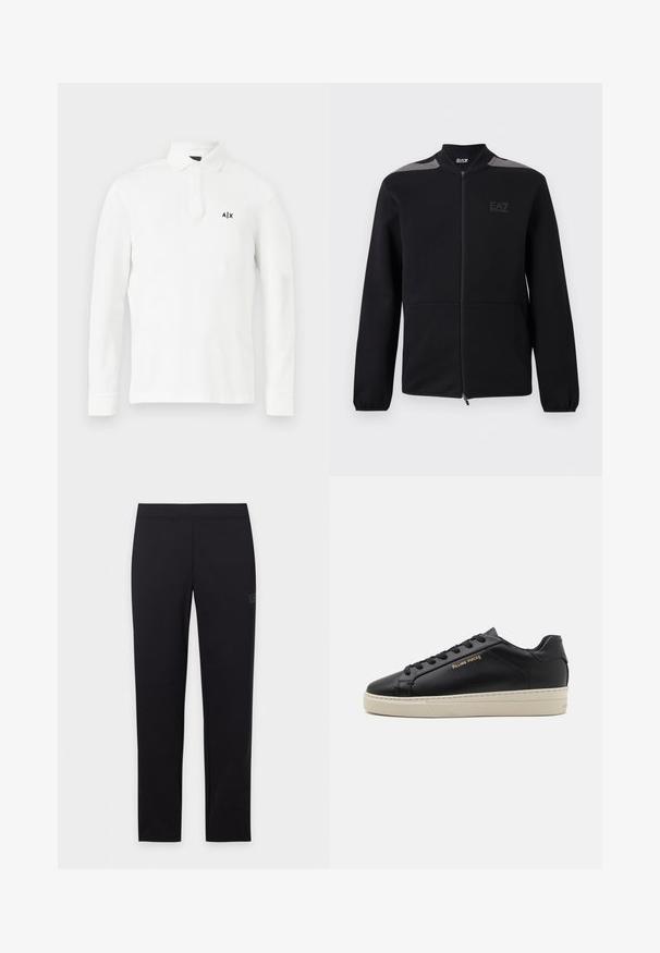 Veste noire zippée avec poignets élastiques, accents gris aux épaules et logo EA7 Emporio Armani sur le côté gauche de la poitrine, présentée sur un fond blanc.; Polo shirt blanc à manches longues en coton, avec un col à boutons et un petit logo noir sur la poitrine gauche. Design simple sans motifs.; Legging noir slim avec ceinture élastique, présenté à plat sur un fond blanc.; Sneaker en cuir noir avec une finition lisse, semelle crème contrastante, bout arrondi, logo doré sur le côté et six œillets pour les lacets.