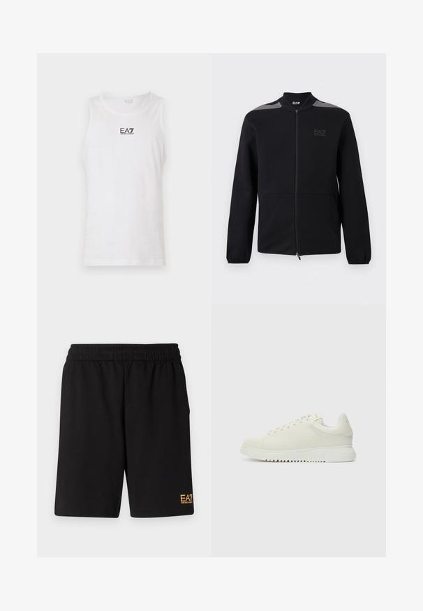 Zwarte jas met ritssluiting, elastische manchetten, grijze accenten op de schouders en het EA7 Emporio Armani-logo op de linkerborst, getoond tegen een witte achtergrond.; Witte mouwloze tanktop van katoen, met een zwart EA7-logo op de borst en een ronde halslijn. Glad textuur, casual ontwerp.; Zwarte sportshorts van zacht materiaal, met een elastische tailleband en een klein geel EA7-logo op de onderste linkeronderbroek.; Witte leren sneaker met een textuur bovenkant, ronde neus, vlakke witte zool en tonale veters. Subtiele branding op de tong.