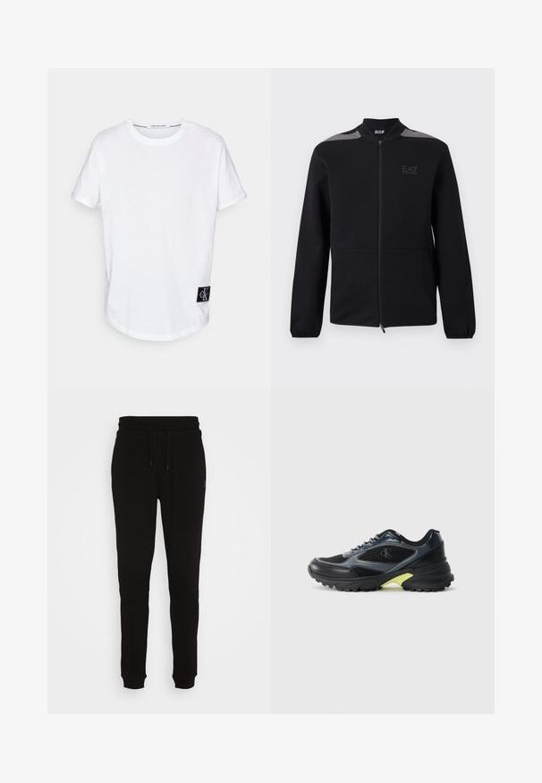 Čierna bunda na zips s elastickými manžetami, sivými akcentmi na ramenách a logom EA7 Emporio Armani na ľavej strane hrudníka, zobrazená na bielom pozadí.; Biela bavlnená tričko s rolovanými krátkymi rukávmi, zaobleným lemom a čiernou štítkou s logom "CK" na dolnom ľavom rohu.; Čierne tepláky z mäkkého materiálu s šnúrkou v páse, zúženými nohavicami a elastickými manžetami, s jemným logom na boku.; Čierne a šedé športové tenisky s priehľadnými panelmi, textúrovanou podrážkou a žltým akcentom na päte. Obsahujú šnúrky a logo na boku.