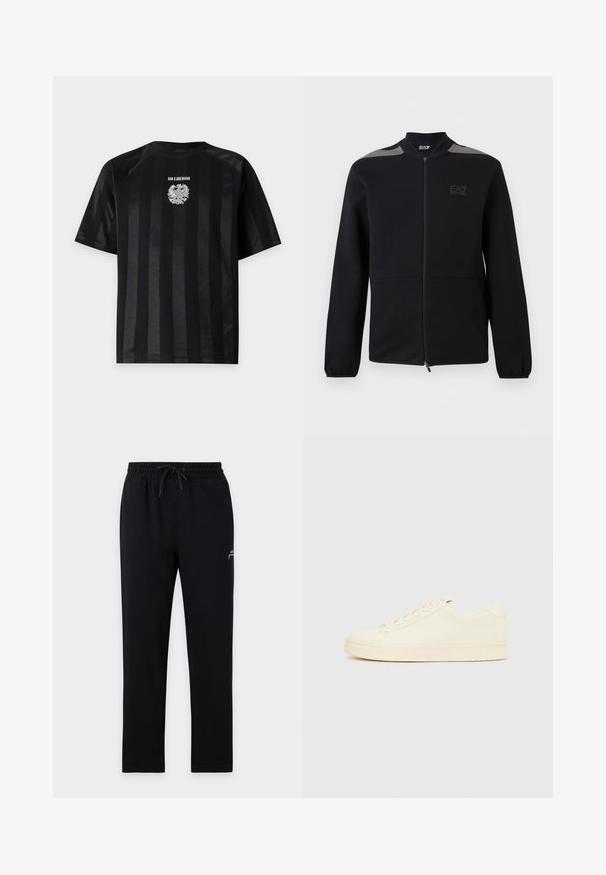 Musta vetoketjullinen takki, jossa on joustavat hihansuut, harmaat olkakoristeet ja EA7 Emporio Armani -logo vasemmassa rinnassa, esitetty valkoista taustaa vasten.; Musta lyhythihainen T-paita, jossa hienovaraiset pystysuorat raidat ja valkoinen tunnus, jossa on kaksipäinen kotka ja teksti "HAN KJØBENHAVN" rinnassa.; Mustat, joustavavyötäröiset collegehousut narulla, suorilla lahkeilla ja pienellä valkoisella logolla vasemman reiden yläosassa.; Kermaan vivahtava tennari, jossa on sileä nahkainen päällinen, pyöristetty kärki, nyöritys edessä ja kuvioitu kumipohja. Minimalistinen muotoilu, ei logoja.