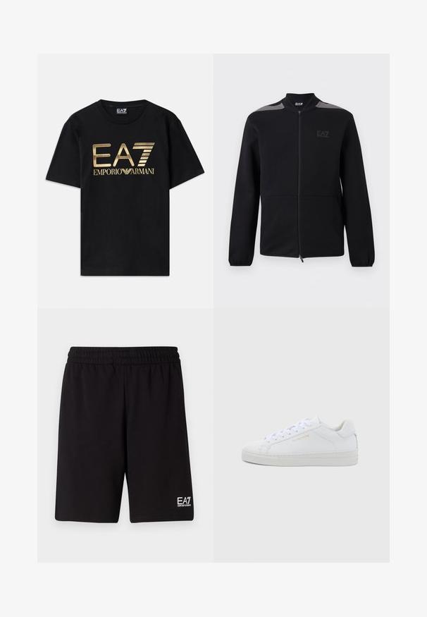 Schwarze Zip-up-Jacke mit elastischen Bündchen, grauen Schulterakzenten und EA7 Emporio Armani-Logo auf der linken Brust, vor weißem Hintergrund dargestellt.; Schwarzes Baumwoll-T-Shirt mit kurzen Ärmeln, auf dessen Vorderseite ein in Gold gedrucktes "EA7 EMPORIO ARMANI" Logo prangt. Schlichtes Design, Rundhalsausschnitt.; Schwarze Sportshorts aus weichem Stoff, mit einem elastischen Bund und einem kleinen weißen Logo auf der unteren rechten Seite.; Weiße Leder-Sneaker mit niedrigem Schnitt, runder Zehenpartie, flachen Schnürsenkeln, strukturierter Sohle und dezentem goldfarbenem Markenlogo an der Seite. Glatte Oberfläche und minimalistisches Design.