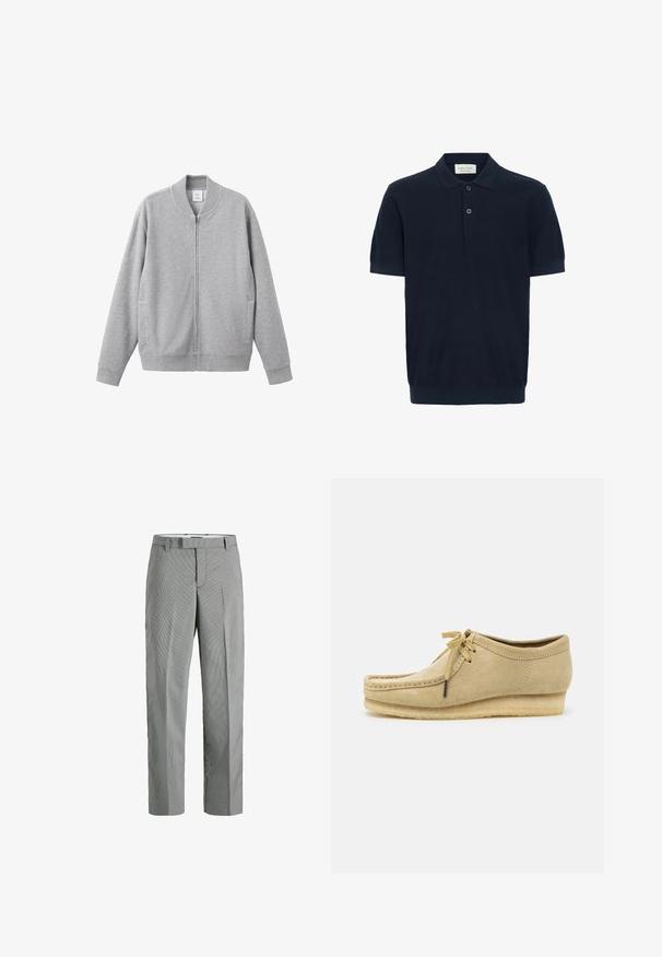 Grå sweatshirts med lynlås, ribbet krave, manchetter og kant. Har to sidelommer og en blød, tekstureret stof. Enkel, afslappet design.; Marineblå polo T-shirt lavet af strikket stof, med en klassisk krave, to knaplukninger og korte ærmer med ribbede manchetter.; Grå- og hvidternede bukser med lige ben-design, som har flad front, bæltestropper og skjulte sidelommer.; Beige suedestøvle med snørebåndsdesign, syede detaljer og gummisål. Formen er afslappet med en let hæl.