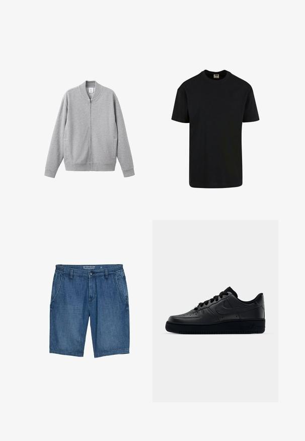 Grauer Reißverschluss-Sweatshirt mit einem gerippten Kragen, Bündchen und Saum. Verfügt über zwei Seitentaschen und einen weichen, strukturierten Stoff. Einfaches, lässiges Design.; Urban Classics SHORTSLEEVE - T-Shirt basic - black; Jeansshorts in einem mittleren Blauton, mit geradem Schnitt, elastischem Bund, zwei Fronttaschen und gestickten Details.; Schwarzer Nike Air Force 1 Schuh mit einem glatten Lederoberteil, perforierter Zehenpartie für Atmungsaktivität, schwarzen Schnürsenkeln und einer strukturierten Gummisohle.