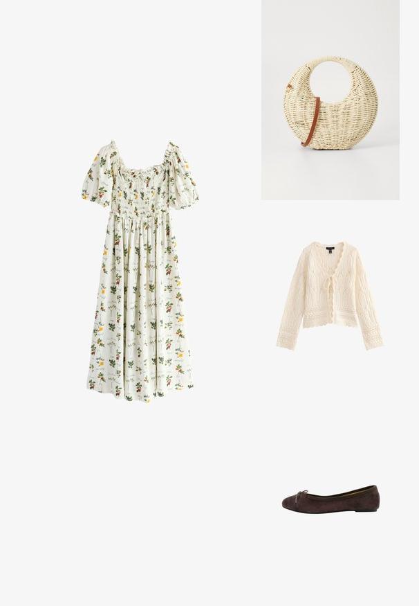 Cardigan de punto color crema con mangas largas, bordes con ondas, patrones intrincados de encaje y cierre frontal con lazo.; Vestido midi blanco con mangas abullonadas, cuerpo fruncido y estampado floral con flores amarillas y rojas y hojas verdes.; Bailarina de ante marrón con puntera redondeada, detalle de lazo de satén y ribete elástico. Suela de goma delgada con altura mínima. Textura suave.; Bolso redondo trenzado en paja natural con un acabado texturizado. Presenta una correa de cuero marrón suave y un asa circular.