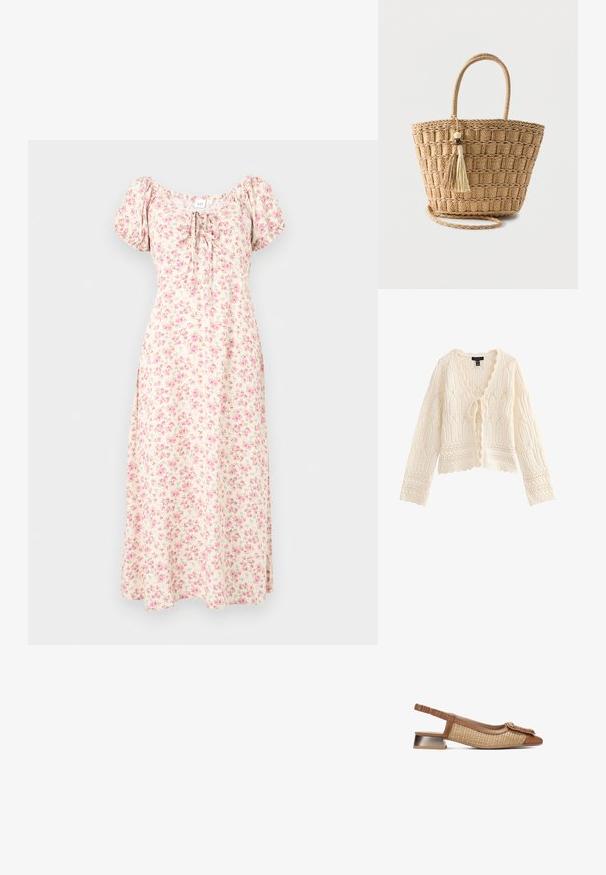 Kremfarvet strikket cardigan med lange ærmer, bølgede kanter, indviklede blondermønstre og en bindelukning foran.; Creme midi-kjole med pink blomstermønster, puff ærmer, firkantet udskæring og bindedetalje foran.; Brun slingback-sko med vævet tekstur og glat læder. Har en flad metallisk hæl og dekoreret snoet detalje ved tåen.; Flettet stråtaske med runde håndtag, firkantet mønster og to hængende kvaster med træperler på en ensfarvet baggrund.