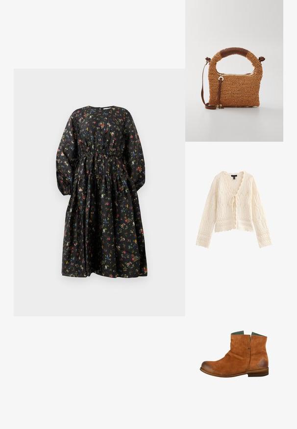 Cardigan de punto color crema con mangas largas, bordes con ondas, patrones intrincados de encaje y cierre frontal con lazo.; Vestido negro con estampado floral, mangas largas, cintura fruncida y falda de volantes. Presenta un patrón floral colorido y una textura de tela suave.; Botín de ante marrón con punta redondeada, caña corta y un acabado ligeramente desgastado. Presenta un interior verde y una suela de madera.; Bolso de mano tejido marrón con un asa redondeada. Presenta un cierre con cremallera y una correa ajustable, complementado por un acento de cuero en el asa.