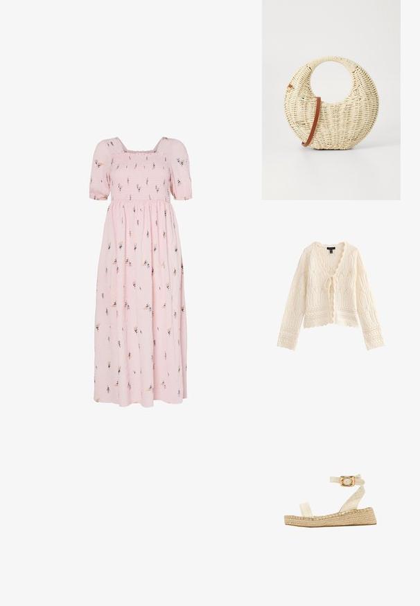 Cardigan de punto color crema con mangas largas, bordes con ondas, patrones intrincados de encaje y cierre frontal con lazo.; Vestido maxi de algodón rosa con mangas cortas abullonadas, corsé fruncido, patrón de bordado floral y una falda fluida.; South Beach TWO PART - Alpargatas - cream; Bolso redondo trenzado en paja natural con un acabado texturizado. Presenta una correa de cuero marrón suave y un asa circular.