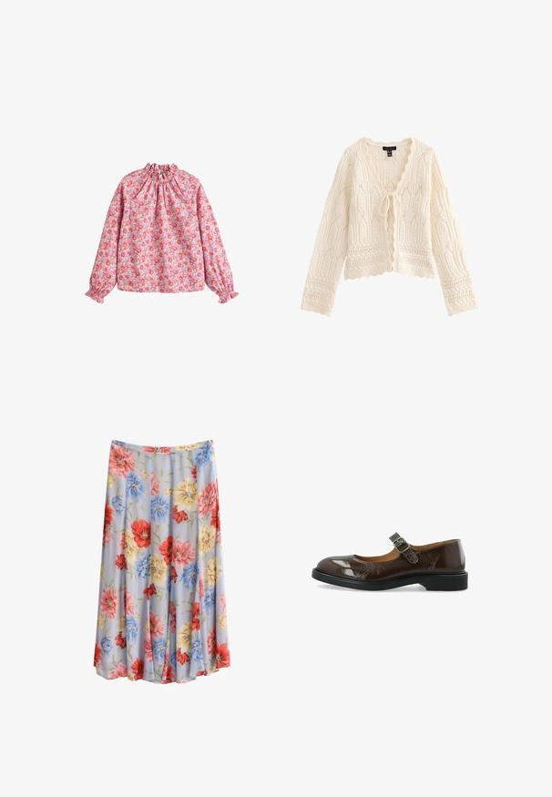 Cardigan de punto color crema con mangas largas, bordes con ondas, patrones intrincados de encaje y cierre frontal con lazo.; Blusa floral con escote y puños fruncidos, con un fondo rosa y flores rojas y moradas, hecha de una tela ligera.; GANT FLORAL PRINT PANEL - Falda larga - light blue; Zapato Mary Jane de charol marrón oscuro con punta redonda, correa con hebilla plateada y tacón bajo negro, exhibido sobre fondo blanco.