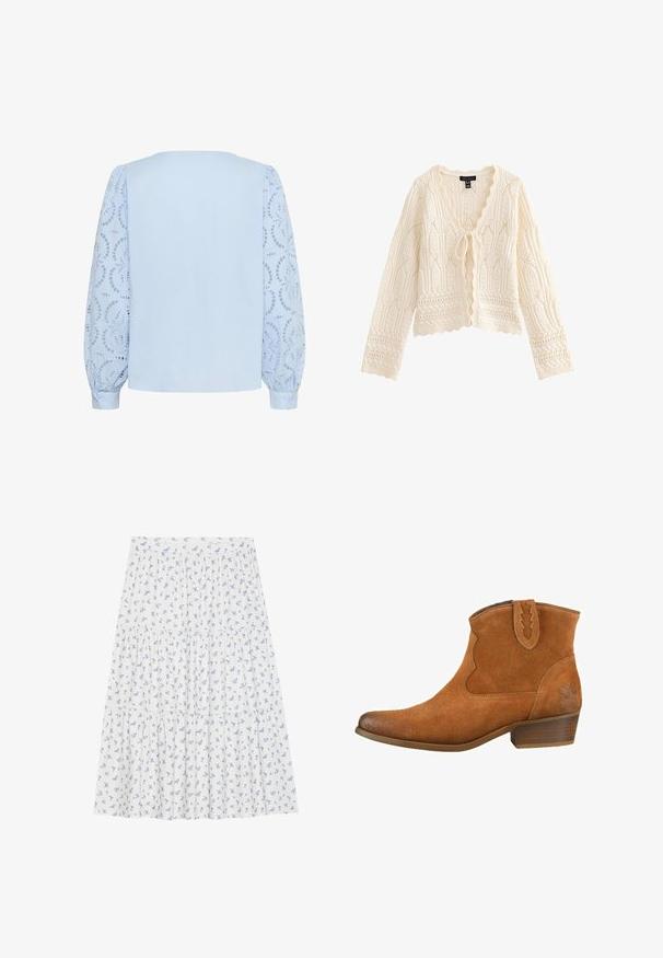 Kremfarvet strikket cardigan med lange ærmer, bølgede kanter, indviklede blondermønstre og en bindelukning foran.; Lyseblå bluse med solid bagpanel og lange, puffede blondeærmer med cirkulære blomsterudskæringsmønstre og knapmanchetter.; Blomstret nederdel lavet af letvægtsstof, med en hvid baggrund og små blå blomster, lagdelt design og elastisk talje.; Tan ruskindsankelstøvler med spids tå, dekorativt syning og en lav stablet hæl. Har en pull-tab med zigzag kant.
