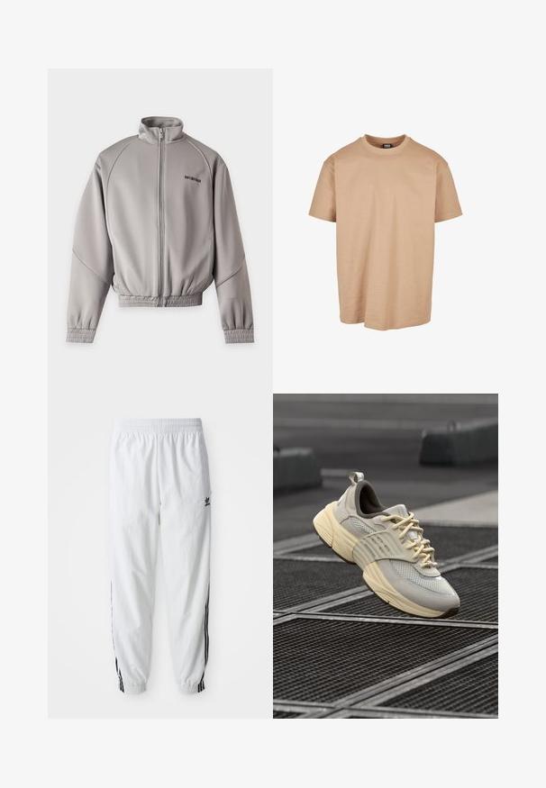 Lichtgrijs jack met ritssluiting, hoge kraag, lange mouwen, elastische manchetten en zoom, en kleine zwarte tekst linksboven op de borst.; Beige katoenen t-shirt met een ronde hals, korte mouwen en een relaxed fit; heeft een gladde textuur en een minimalistisch design.; Witte sportbroek met zwarte zijstrepen, elastische tailleband en boorden; heeft het Adidas-logo op de linkerdij. Glad stoffen structuur.; Beige net sneakers met lichtgrijze accenten, een gestructureerde zool en platte veters, voorzien van een gewatteerde kraag en een gevormde rubberen buitenzool.