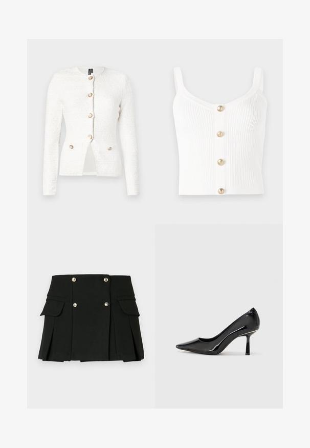 Cardigan blanc en tissu texturé, col rond, fermeture à boutons sur le devant, et deux poches avant ornées de boutons dorés.; Débardeur en tricot côtelé blanc avec un décolleté en scoop et cinq boutons dorés au centre. Texture lisse avec des bretelles fines.; Jupe mini plissée noire en tissu texturé, dotée de deux poches avant et de accents de boutons en ton doré.; Escarpin noir en cuir verni avec un bout pointu, un design épuré et un talon aiguille mince, offrant une texture lisse et brillante.