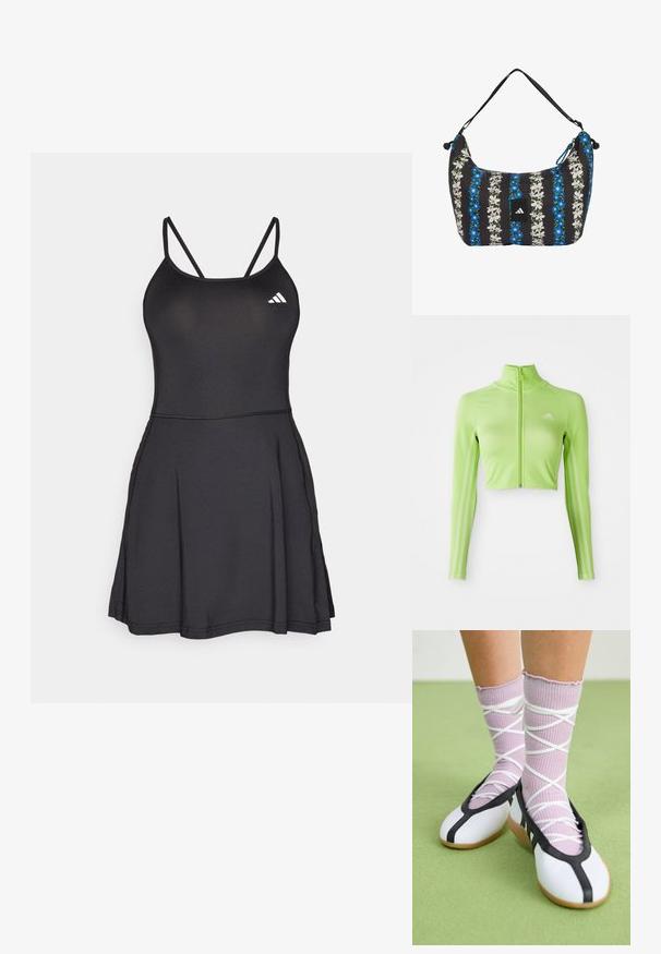 Neon grøn langærmet cropped sports top med frontlynlås, høj krave, Adidas-logo på venstre bryst og tre striber langs ærmerne.; Sort atletisk kjole med tætsiddende overdel, tynde stropper og udskåret nederdel. Har Adidas-logoet i hvidt øverst til venstre. Glat tekstur.; Ben iført ribbet lilla sokker med hvide krydsede stropper kombineret med hvide balletsko med sort kant på grøn gulv.; Sort skuldertaske med lodrette striber af blå og hvide blomster og et lille sort Adidas-logo midt på.