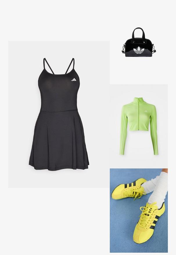 Neon groene langslavage crop athletisch top met rits aan de voorkant, hoge kraag, Adidas-logo op de linkerborst en drie strepen langs de mouwen.; Zwarte sportieve jurk met een aansluitend lijfje, dunne bandjes en een uitlopende rok. Bevat het Adidas-logo in het wit aan de bovenlinkerkant. Gladde textuur.; Heldere gele sportschoenen met zwarte strepen en veters; heeft een gestructureerde bovenkant en suède accenten. Draagt bij witte geribbelde sokken.; Zwarte gepatenteerde leren handtas met een afgeronde vorm, dubbele handvaten bovenaan, zilveren accenten en een opvallend wit logo aan de voorkant.