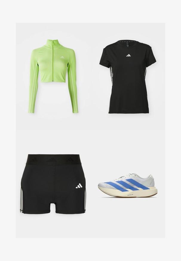 Neon grøn langærmet cropped sports top med frontlynlås, høj krave, Adidas-logo på venstre bryst og tre striber langs ærmerne.; Sort athletic t-shirt med korte ærmer, lavet af syntetisk materiale. Har et lille hvidt logo på brystet og hvide striber på siderne.; Sorte atletiske shorts lavet af strækbart materiale. Har en bred sort talje med præget logo og hvide sidestriber.; Hvid løbesko med tre blå striber, lys beige tyk sål mærket "Lightstrike Pro," og hvide snørebånd på en ensfarvet baggrund.