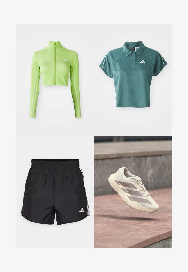 Neon-grünes, langärmeliges, tailliertes Sportoberteil mit Reißverschluss vorne, hohem Kragen, Adidas-Logo auf der linken Brust und drei Streifen entlang der Ärmel.; Grünes, gekürztes Polo-Shirt mit strukturiertem Muster, kurzen Ärmeln und einem weißen Logo auf der linken Brust. Knopfleiste mit Kontrastbesatz.; Schwarze Sportshorts mit elastischem Bund, seitlichen Schlitzen und weißen drei Streifen Akzenten. Enthält ein kleines weißes Logo auf der unteren rechten Seite.; Cremefarbener Laufschuh mit taupefarbenen Streifen, der über einer rötlich-braunen gefliesten Oberfläche und einem grauen Stein-Hintergrund schwebt.