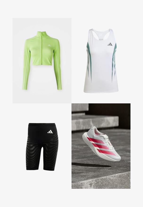 Haut de sport cropped à manches longues vert fluo avec fermeture éclair à l'avant, col montant, logo Adidas sur la poitrine gauche et trois bandes le long des manches.; Débardeur de sport blanc avec des accents teal et un motif géométrique. Présente un dos nageur et un tissu léger et texturé.; Shorts de sport noirs avec un design texturé comprenant des rayures ondulées. Logo blanc sur la ceinture, fabriqués en matériau évacuant l'humidité.; Chaussure de course blanche avec trois bandes rouges audacieuses, en plein vol au-dessus d'escaliers en béton, mettant en valeur un design léger et une semelle texturée.