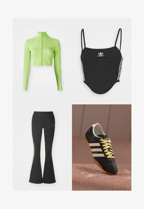 Neon grøn langærmet cropped sports top med frontlynlås, høj krave, Adidas-logo på venstre bryst og tre striber langs ærmerne.; Sort ribbet crop top med justerbare tynde stropper, der har tre hvide striber på siderne og et lille hvidt Adidas-logo i midten.; Sorte flared leggings lavet af strækstof, med en høj talje og hvide sidestreger. Inkluderer lille logo ved taljen.; Sorte atletiske sko med tre hvide striber, gule snørebånd og en struktureret overflade. Har et buet design og gummisål.