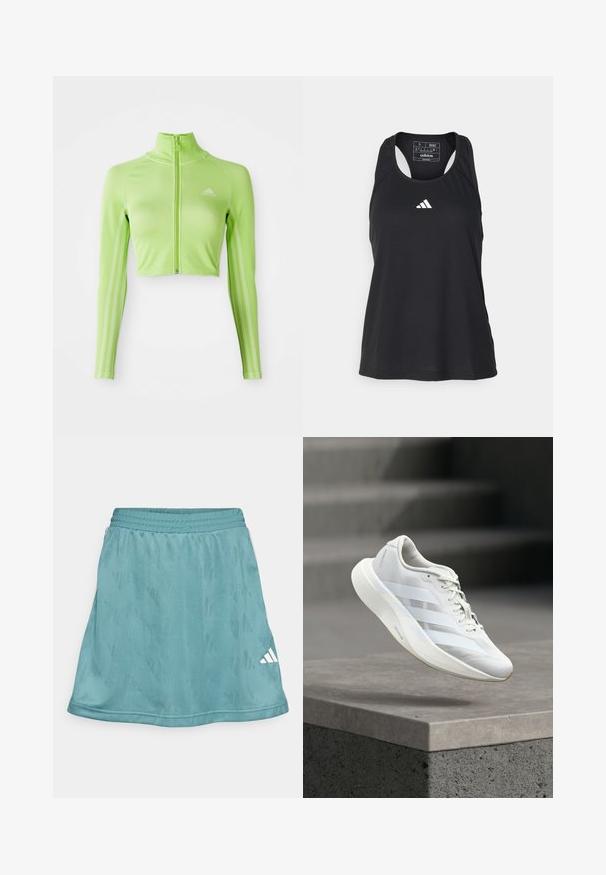 Neón zelený dlhý rukávový skrátený športový top s predným zipsom, vysokým golierom, logom Adidas na ľavej hrudi a tromi pruhmi pozdĺž rukávov.; Čierny bezrukávový športový top s okrúhlym výstrihom a bielym logom na hrudi. Vyrobený z hladkej, ľahkej látky.; Akvamarínová športová sukňa s textúrovaným vzorom, elastickým pásom a bielym logom Adidas v dolnom pravom rohu. Hladká tkanina, nad kolená.; Biela športová obuv s textúrovaným zvrškom, tromi bočnými pruhmi, odpruženou podrážkou a zaoblenou špičkou, umiestnená nad betónovým povrchom.