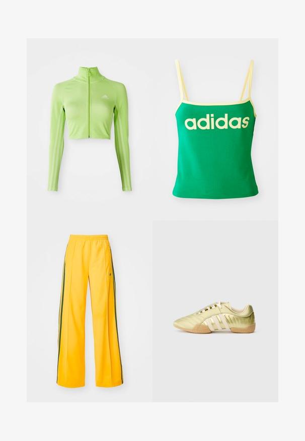 Neonvihreä pitkähihaisten lyhyt urheilu paita, jossa on edessä vetskari, korkea kaulus, Adidas-logo vasemmassa rinnassa ja kolme raitaa hihoissa.; Vihreä tankkitoppi keltaisilla yksityiskohdilla, valmistettu joustavasta materiaalista. Edessä on suuri keltainen "adidas"-logo ja ohuet olkaimet.; Keltaiset urheiluhousut, joissa on leveät lahkeet. Housuissa on vihreät sivusuunnat ja pieni logo vasemmassa lantiossa. Mukavuuden takaava elastinen vyötärö.; Limenvihreä synteettinen urheilukenkä, jossa on sileä pinta, kolme valkoista raitaa, pehmeä sisävuori ja kuvioitu kumipohja.