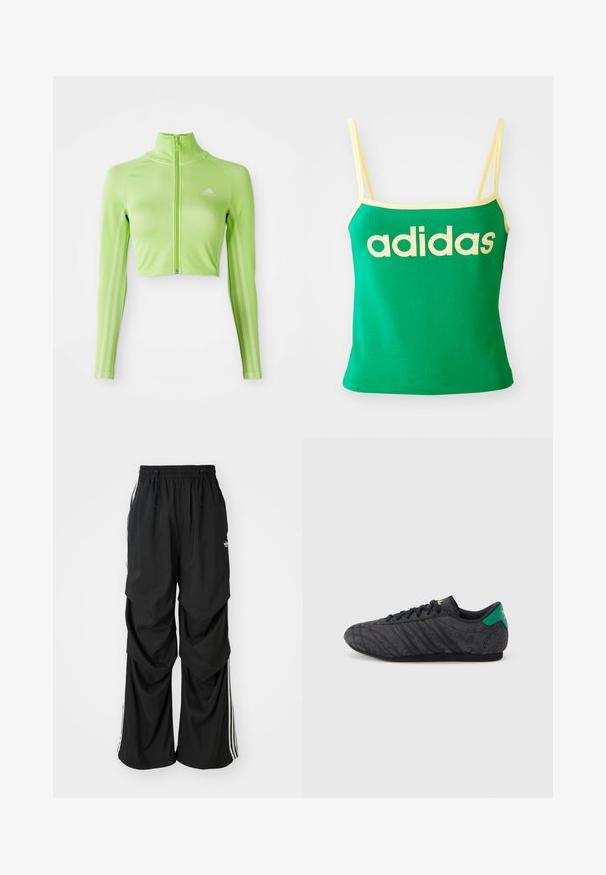 Neon-grünes, langärmeliges, tailliertes Sportoberteil mit Reißverschluss vorne, hohem Kragen, Adidas-Logo auf der linken Brust und drei Streifen entlang der Ärmel.; Grünes Tanktop mit gelben Akzenten, aus dehnbarem Material. Lieferumfang: großes gelbes "adidas"-Logo auf der Vorderseite und dünne Träger.; Schwarz weite Hosen mit elastischem Bund, Kordelzug und weißen Seitenstreifen; aus leichtem Stoff mit glatter Textur.; Schwarzer Sneaker mit niedrigem Profil und dezentem Blumenmuster, schwarzen Schnürsenkeln, grünem Fersenband und goldenem Logo auf Zunge und Ferse.