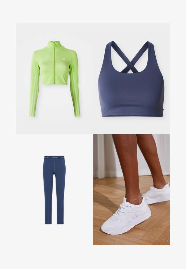 Neoonroheline pika varrukaga lühendatud sporditop, millel on esineed, kõrge kaelus, Adidas logo vasakul rinnal ja kolm triipu varrukatel.; Tumesinine spordirinnahoidja laiade, seljal ristuvate rihmadega, lõikes kaelusega ja õmbluseta disain sportlikuks toestuseks.; Tumesinised retuusid, mis on valmistatud venivast materjalist, sileda tekstuuri ja elastse vöökohtaga, millel on trükitud Calvin Kleini logo.; Jalad, kes kannavad valgeid Armani Exchange tenniseid, seisavad heledal puidupõrandal, taustal valge kardin.