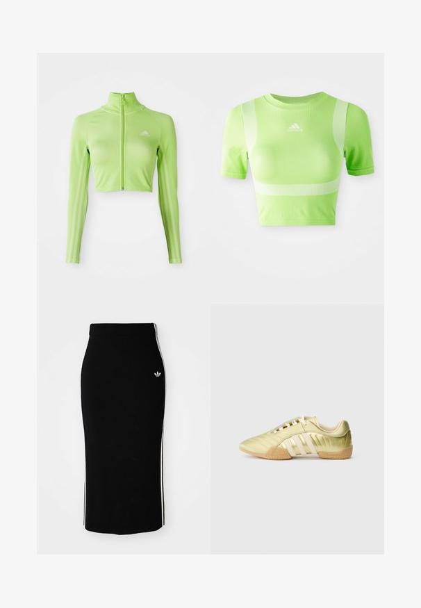 Neon groene langslavage crop athletisch top met rits aan de voorkant, hoge kraag, Adidas-logo op de linkerborst en drie strepen langs de mouwen.; Geknipt sportshirt van helder groene stof. Heeft korte mouwen, een ronde hals en een wit diagonale streepdesign op de schouders. adidas-logo aan de voorkant.; Zwarte geribbelde midi-rok met een slim fit ontwerp, voorzien van witte zijstrepen en een klein wit embleem aan de linkerkant.; Synthetische sportschoen in limoengroen met een gladde textuur, voorzien van drie witte strepen, een zachte binnenvoering en een gestructureerde rubberen buitenzool.