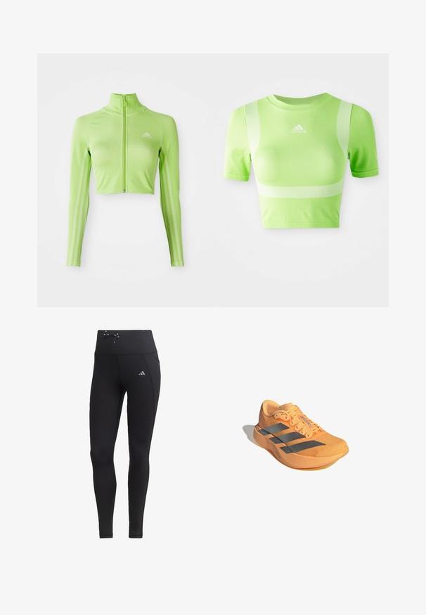 Neon grøn langærmet cropped sports top med frontlynlås, høj krave, Adidas-logo på venstre bryst og tre striber langs ærmerne.; Kappet atletisk skjorte i lys grøn stof. Har korte ærmer, rund hals og hvidt diagonalt stribemønster på skuldrene. adidas-logo på fronten.; Sorte leggings med høj talje, snøre-detalje og sidelommer. Fremstillet af glat materiale med reflekterende logo-accent.; Adizero løbesko i lys orange med et struktureret overdel, tre grå striber og en let sål for forbedret ydeevne.